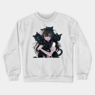 Anime Girl Hugging Many Black Cats Crewneck Sweatshirt